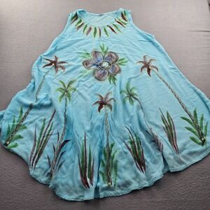 VTG Women's Summer Dress Free Size Blue Palm Tree Print Embroidered Round Neck